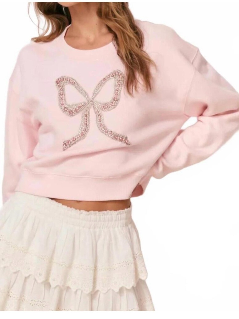 LoveShackFancy Light Pink Bow Embellished Cropped Sweatshirt